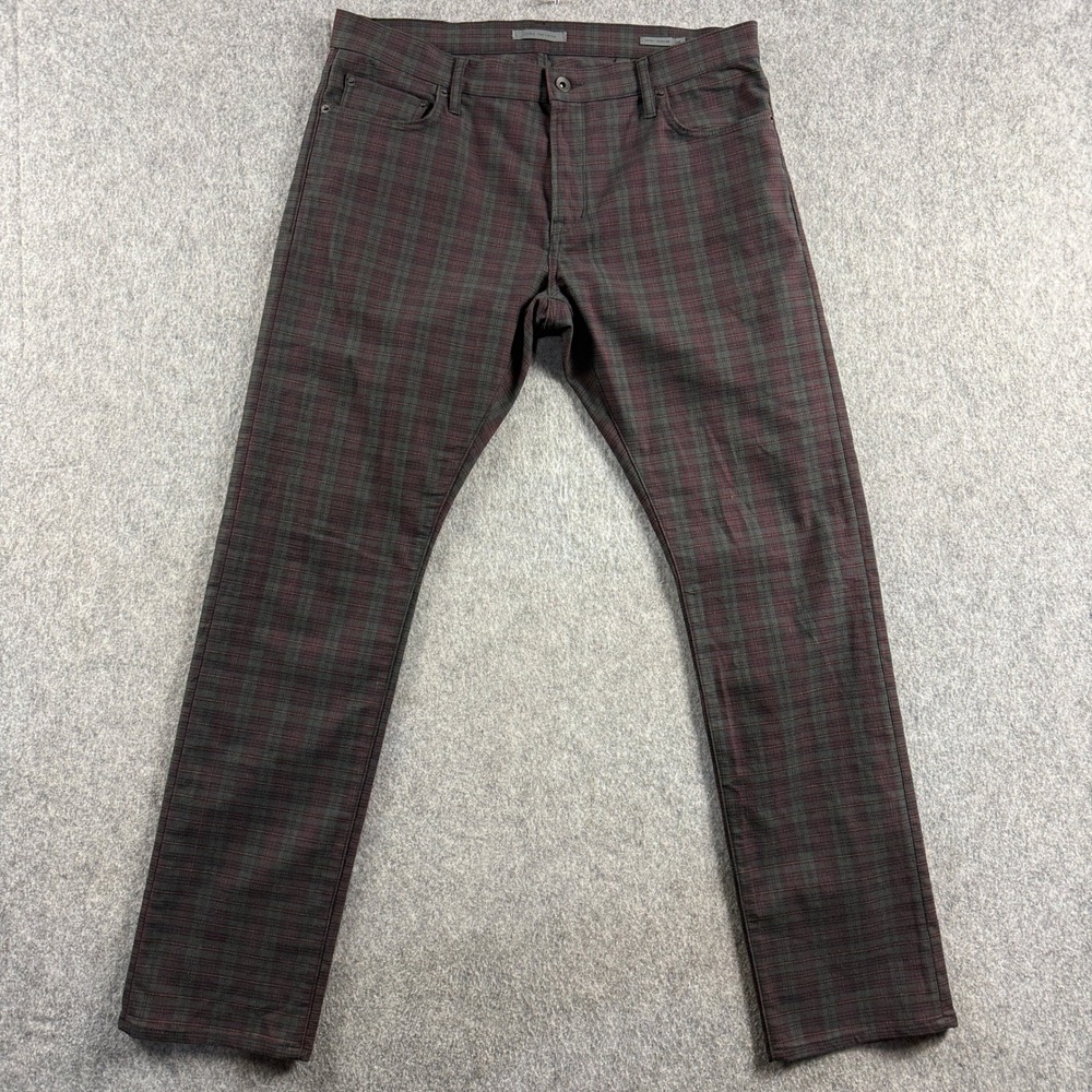 John Varvatos Men JV 701-Regular Plaid Pants Size 36 Gray Burgundy Cotton Blend